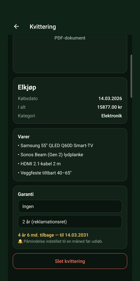 Kvitro — kvitteringsliste med garantimærker