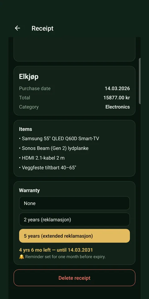 Kvitro — receipts list with warranty badges