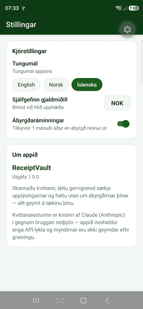 ReceiptVault stillingar á íslensku