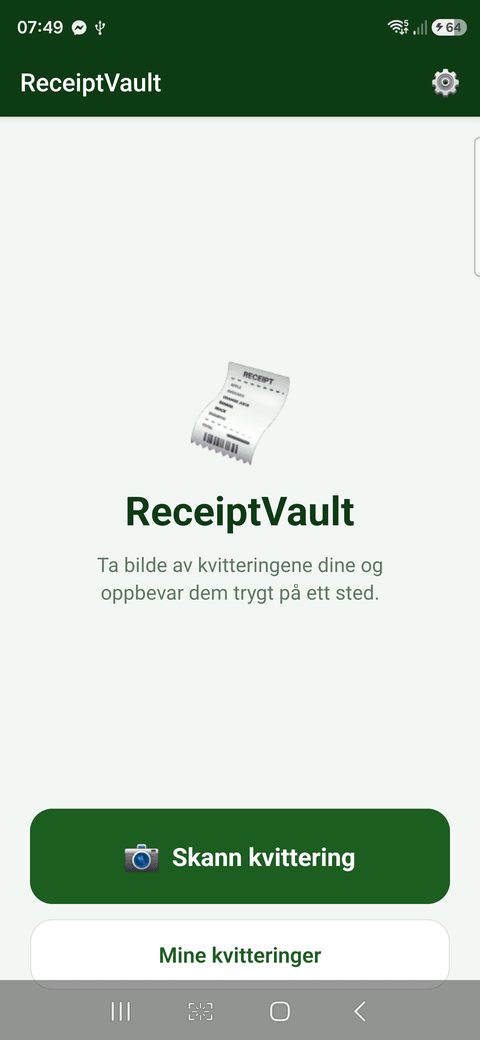 ReceiptVault — hjemskjerm