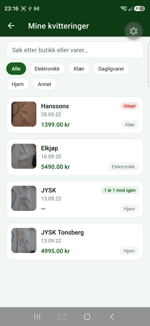 ReceiptVault kvitteringsliste med søk og garantimerker