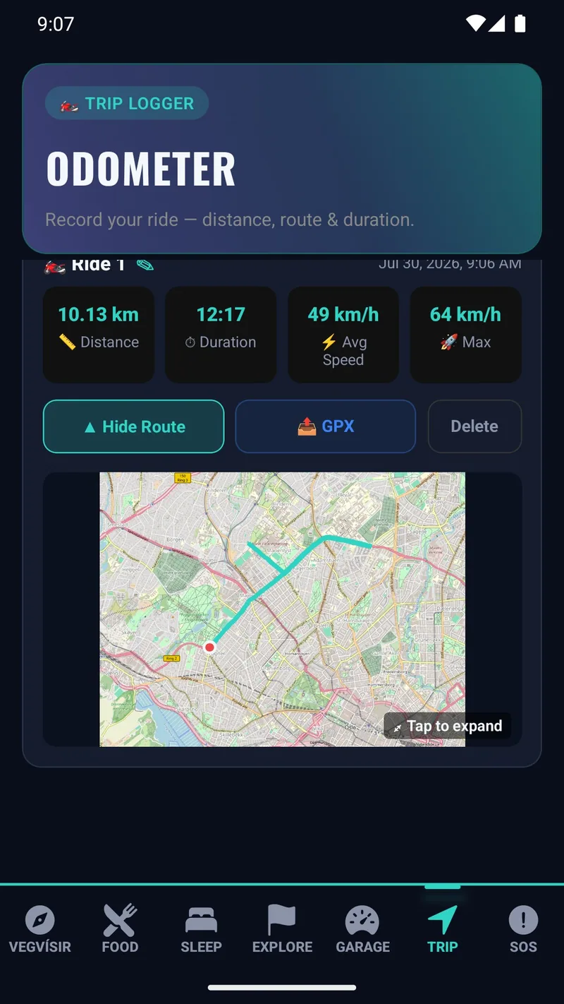 Vegvísir — Trip Logger screen