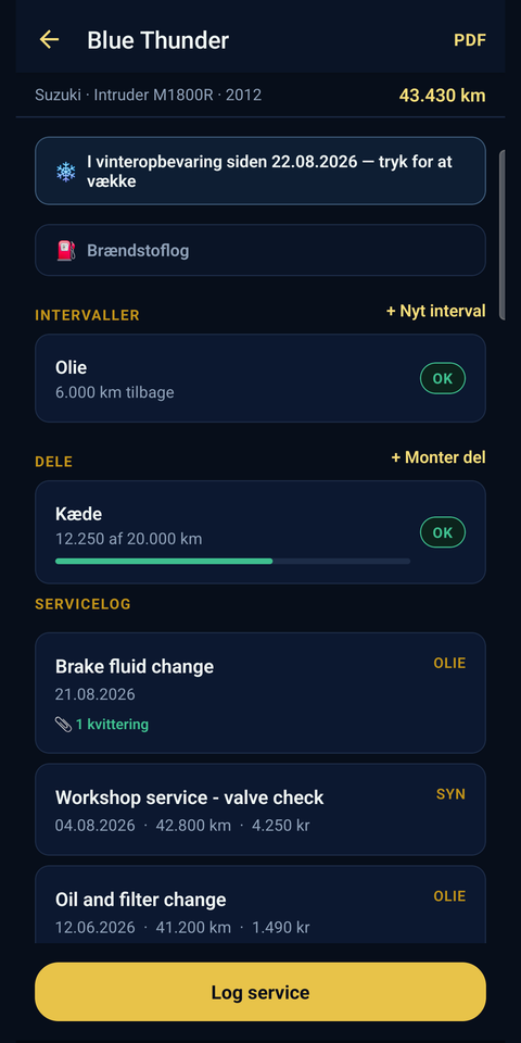 Smiðja — siden for en motorcykel, med servicehistorikken
