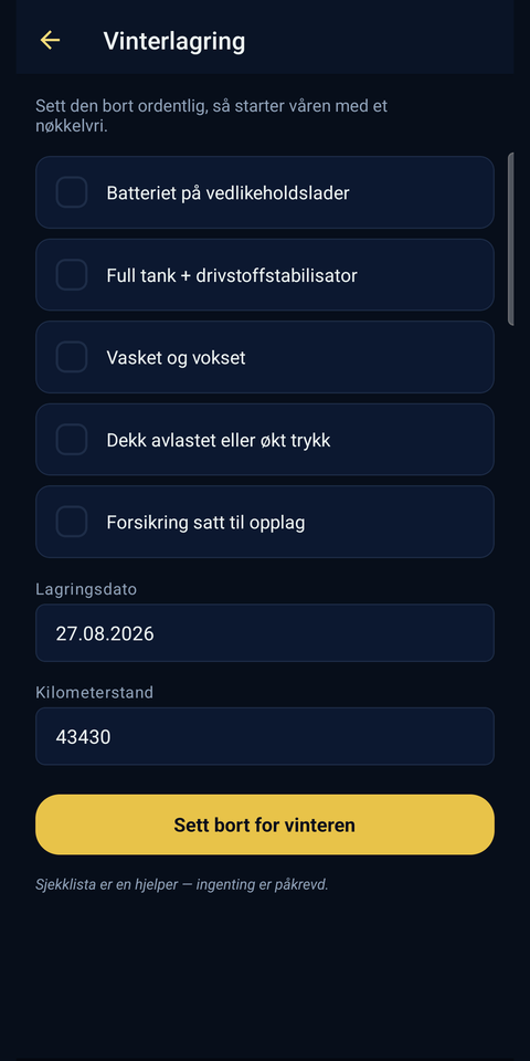 Smiðja — vinterlagring, med dagene talt