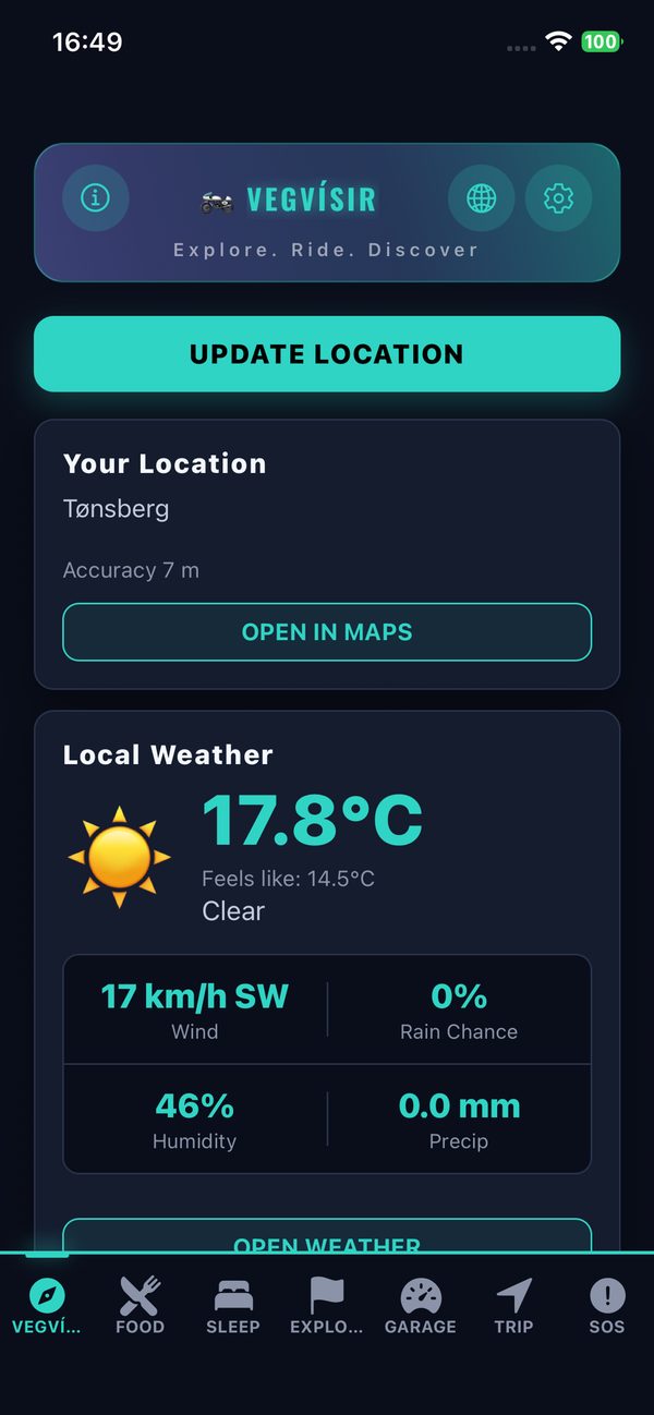 Vegvísir on iPhone — the Vegvísir dashboard with your location and the local weather